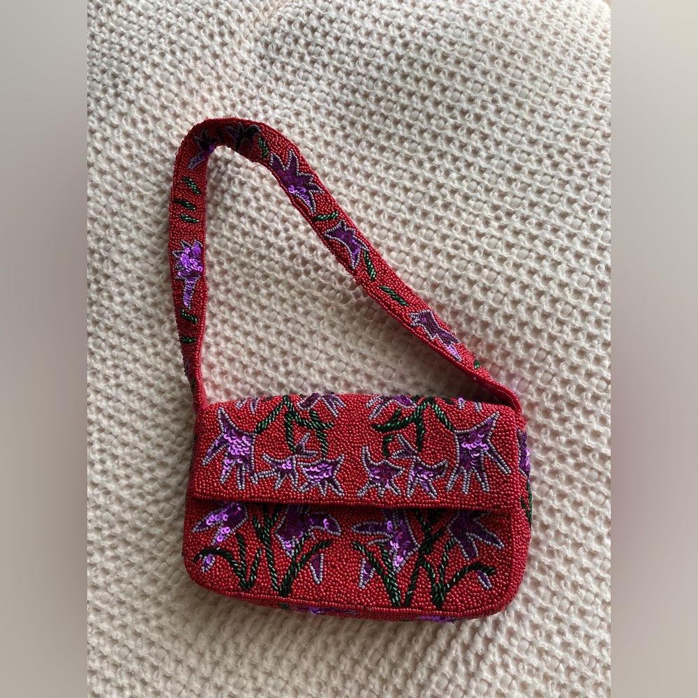Anthropologie Maeve Red Floral Beaded Shoulder Bag